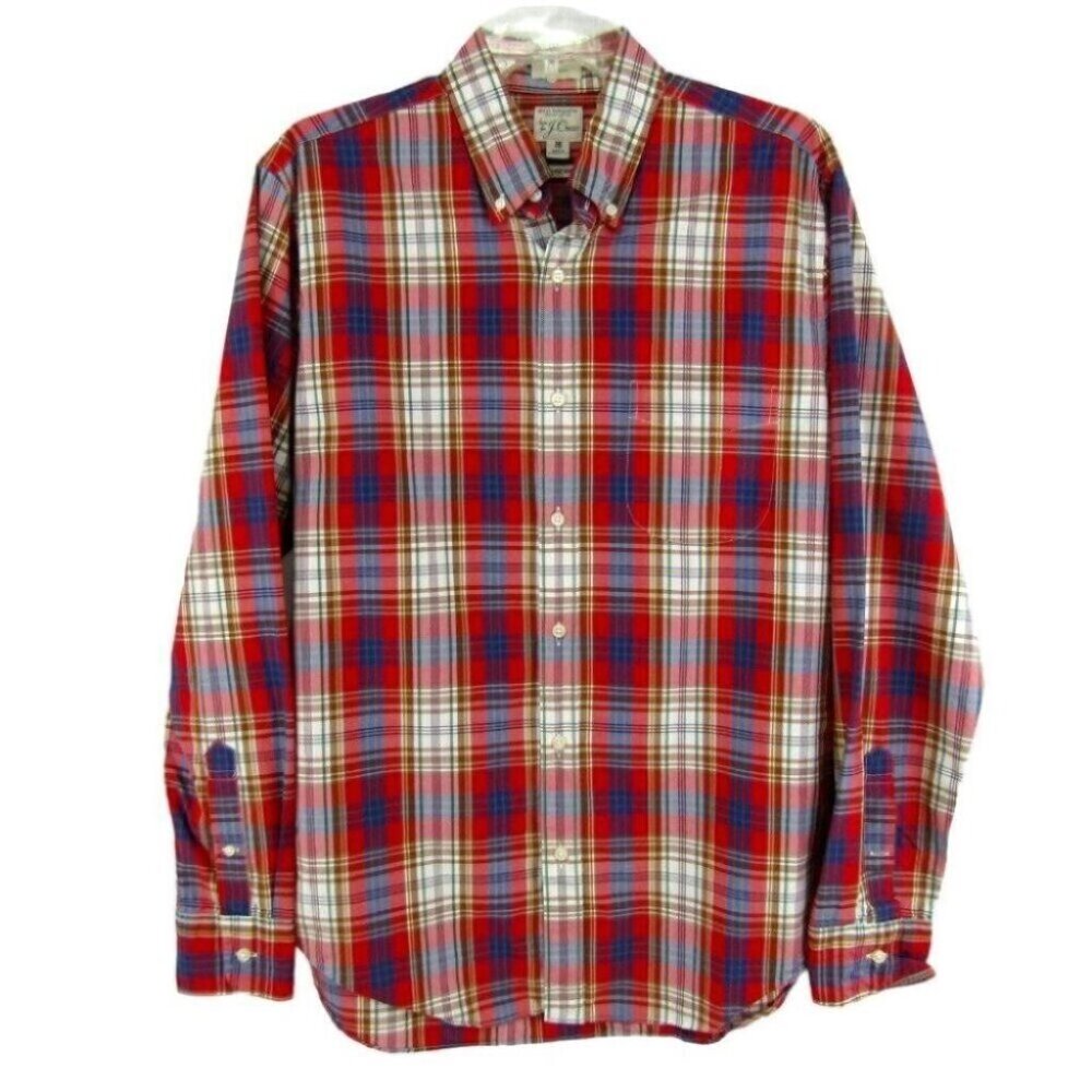 J Crew Secret Wash Red Blue Plaid Button Down Shirt M Long Sleeve Organic Cotton